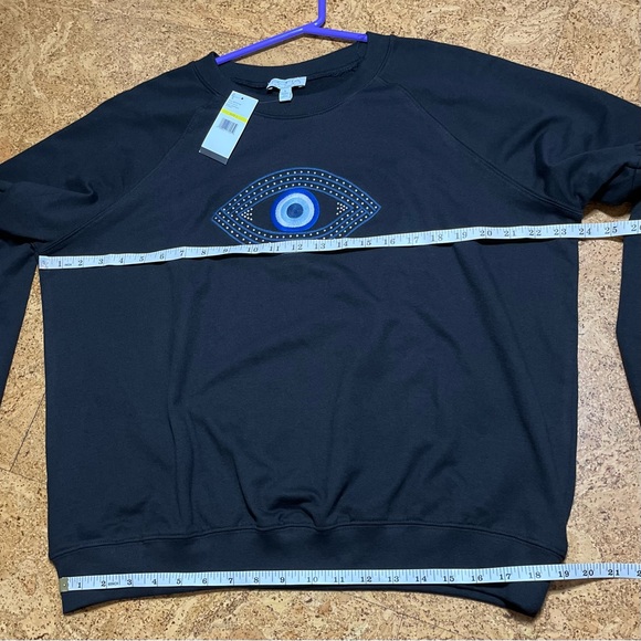 Sofia Vergara Embroidered Evil Eye Drop Shoulder Sweatshirt NWT In Black Sz L - Picture 12 of 13